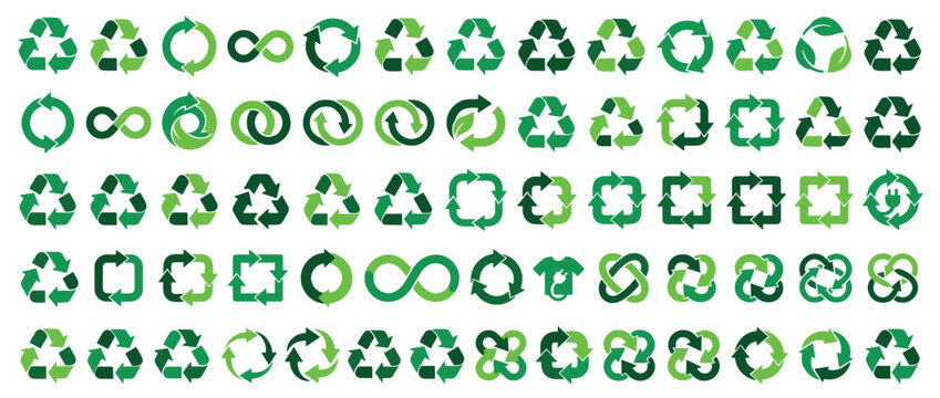 Large set of green recycling symbols and icons representing sustainability, reuse, and the circular economy in various arrow-based designs like triangles, circles, and infinity loops