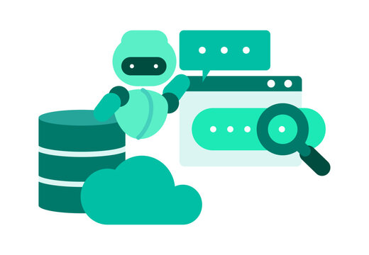 A friendly AI character directly retrieves and organizes scattered data inside an enterprise database icon setup, delivering smart answers for corporate search and intelligent business system support