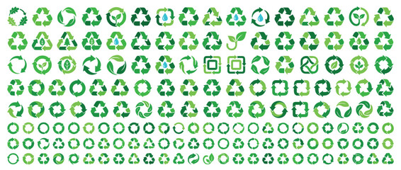 Fototapeta premium Large collection of green recycling symbols and eco-friendly icons in various styles, including arrows, leaves, and water drops, representing sustainability and conservation