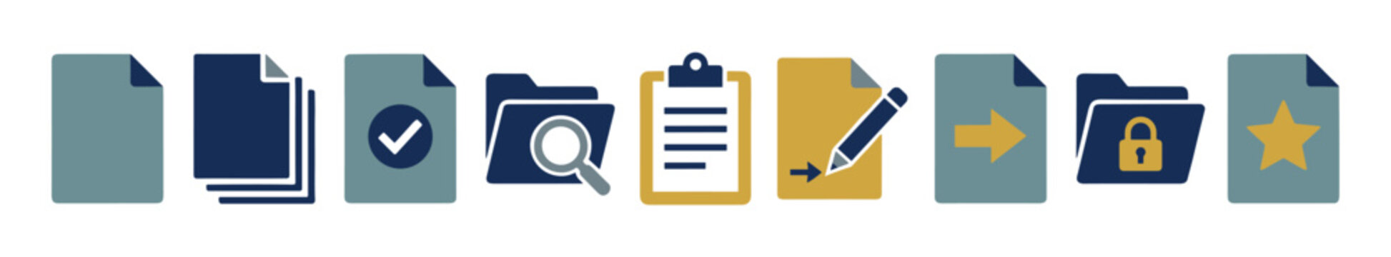Set of document management icons for business workflow and office tasks, featuring symbols for files, folders, searching, editing, security, approval, and favorites in a flat design