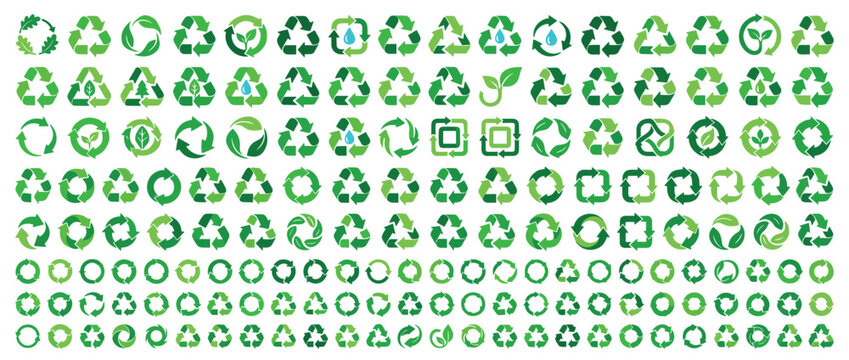 Large collection of green recycling symbols and eco-friendly icons in various styles, including arrows, leaves, and water drops, representing sustainability and conservation