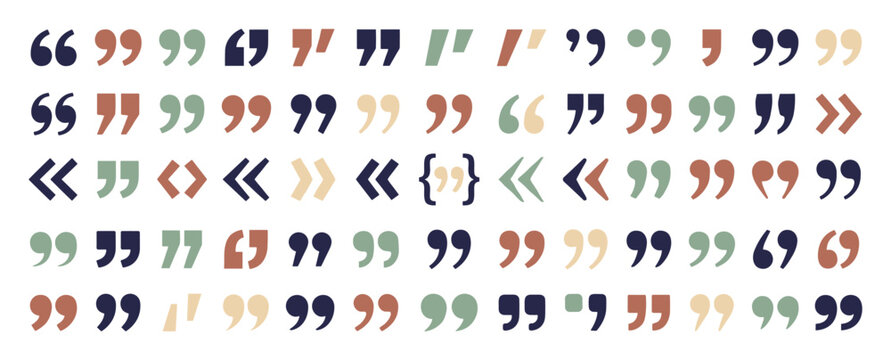 Large collection of colorful quotation marks and punctuation symbols in various styles and fonts, including guillemets and brackets, arranged in a neat grid pattern
