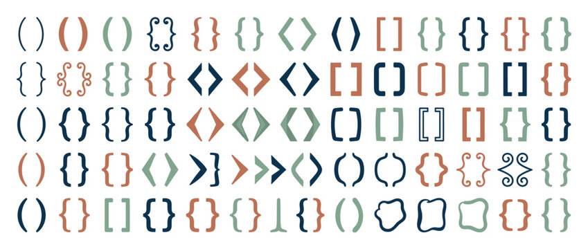 Large collection of colorful brackets and punctuation symbols in various hand-drawn styles, including parentheses, curly braces, and square brackets for typography and design