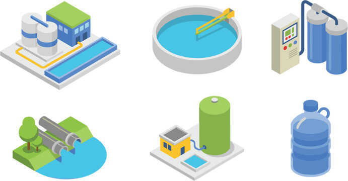 Isometric water treatment system icons, purification infrastructure vector collection for wastewater management, filtration and clean water solutions