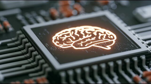Glowing digital brain on microchip, artificial intelligence technology concept, futuristic artificial intelligence