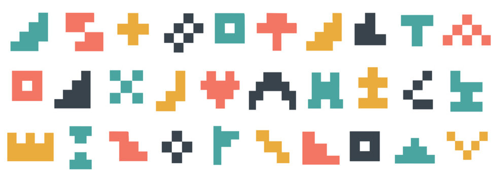 Collection of colorful abstract pixelated symbols arranged in rows, featuring geometric shapes and icons in a retro 8-bit style with a muted, vintage color palette