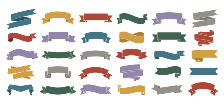 Large collection of colorful ribbon banners in various shapes and styles, including curved, folded, and scrolled designs, presented as a decorative set for graphic design elements