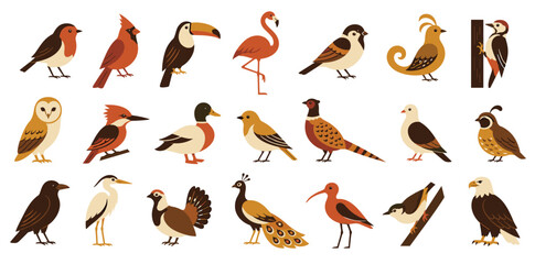 Fototapeta premium Large collection of stylized bird illustrations featuring various species like a toucan, owl, and eagle, depicted in a flat, modern graphic design style with earthy colors