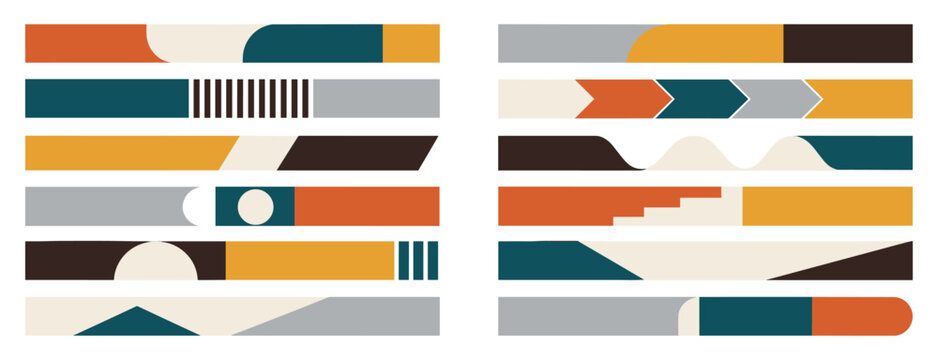 Set of twelve abstract geometric banners featuring minimalist shapes and a retro color palette for modern design projects, including dividers, headers, and lower thirds