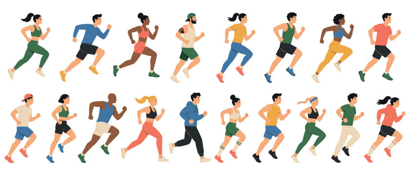 Diverse group of athletic men and women running in sportswear, a collection of character illustrations representing fitness, exercise, and a healthy active lifestyle