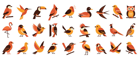 Fototapeta premium Large collection of various bird illustrations in a warm color palette, featuring species like toucans, cardinals, and flamingos in a modern, flat geometric vector style