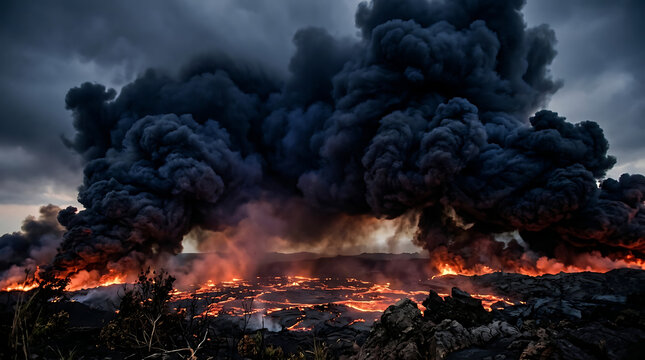 Volcanic eruption scene-79441844-8ec4-4aef-9ffd-785293a593a7 with molten lava and dark smoke