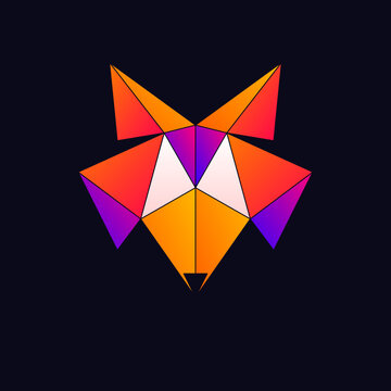 Modern geometric low poly fox head illustration with vibrant orange red and purple gradient triangles.