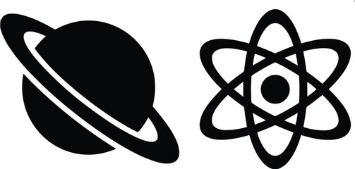 Saturn planet and atom science silhouette icons, black vector symbols for education, physics astronomy design collection illustration © MASUMA