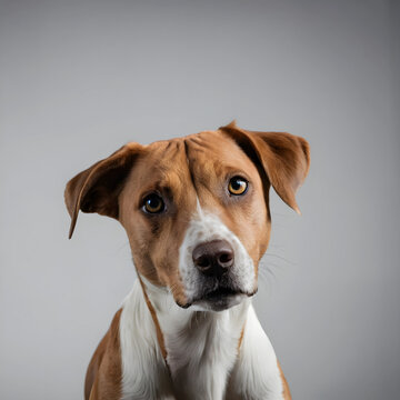 Curious young brown and white dog looking quizzically in studio