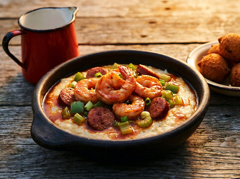 Cajun shrimp and grits with vintage enamelware pitcher and hush puppies, bayou harvest table