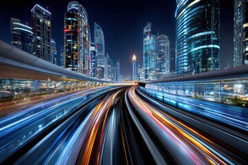 Fototapeta premium Light trails from a monorail curving around skyscrapers at night