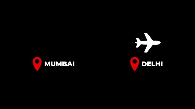 Mumbai to Delhi airplane travel flight route map animation