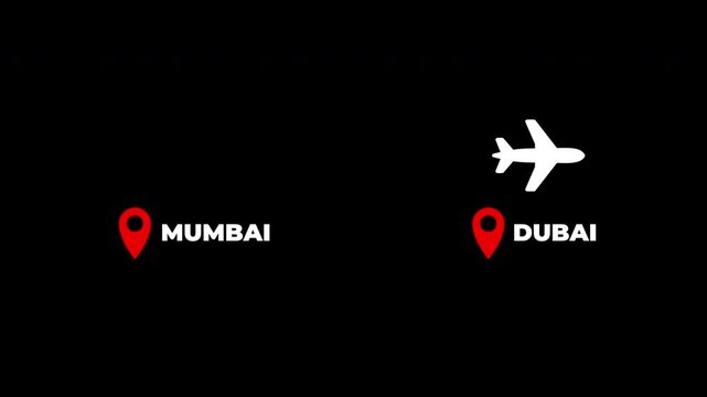 Mumbai to Dubai airplane travel flight route map animation