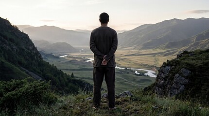 Obraz premium contemplative landscapes, a person gazes into a vibrant, expansive landscape from behind, evoking serenity