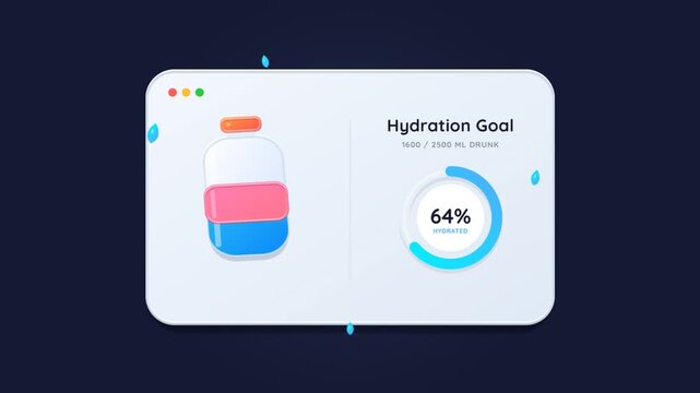 Digital hydration tracker interface with water bottle progress animation