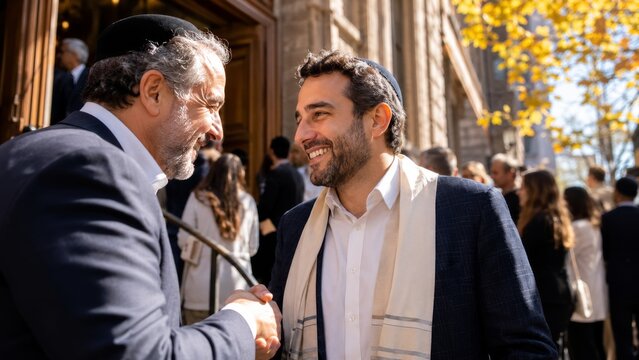 Two smiling jewish men in suits and yarmulkes shaking hands outdoors during a daytime event, celebrating jewish tradition and community