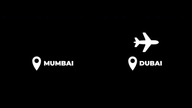 Mumbai to Dubai airplane travel flight route map white animation