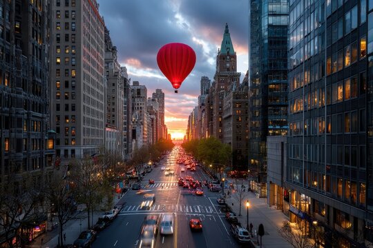 Red Hot Air Balloon Over Busy City Street at Sunset