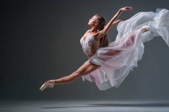 Ballet dancer leaps gracefully in stunning white dress during studio performance