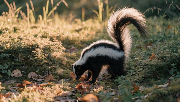 Striped skunk foraging through autumn leaves in a sunlit meadow, raised plume tail glowing in soft golden backlight, detailed photorealistic wildlife scene with natural woodland mood