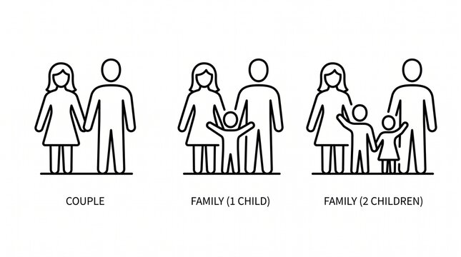 Minimalist Family Structure Line Icons Featuring Couple, Parents with One Child, and Parents with Two Children, Modern Stick Figure Illustration, Family Relationship Symbols, Household Composition Inf