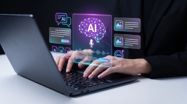 ai powered content creation and marketing automation, business professional using laptop to generate text images and ads in a modern digital workspace environment