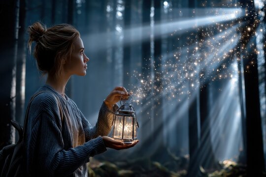 Woman holding a lantern in a mystical forest, illuminated by magical light