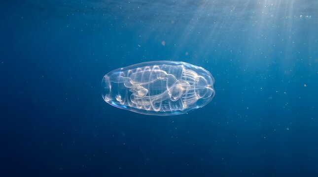 ​Transparent salp organism swimming in deep blue ocean water