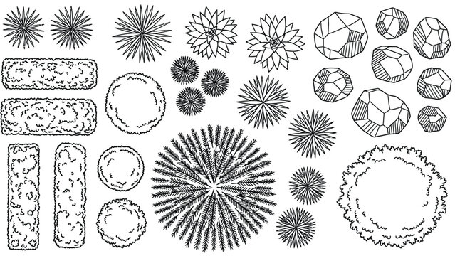 Collection of top view landscape design elements including various trees shrubs rock formations and bushes for architectural site plan map layout drawing.