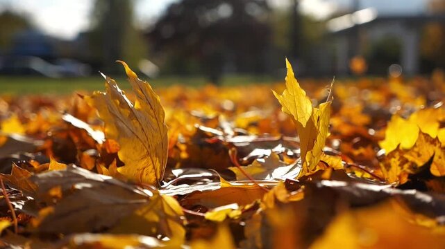 Close up view of empty autumn parkland at sunset. Brown maple leaves lying on lawn at woodland. Gentle wind blowing through colorful foliage on the ground at forest. Low view Slow motion