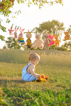 Soft children's toys are hanging to dry on a clothesline, and a baby is sitting on the grass, playing with a stuffed bull.