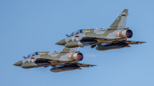  A formation of two Mirage 2000D aircraft flying at low altitude