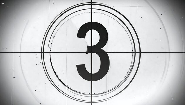 A vintage countdown, framed in concentric circles. The number 3 dominates the center, set against a crosshair grid, with a gradient fade