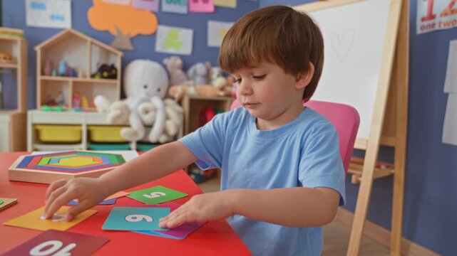 Boy arranging colorful number cards and wooden shape toy with hands at table in classroom building; quiet concentration.
