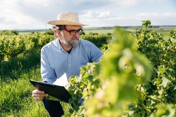 Fototapeta premium Middle-aged man with glasses and straw hat inspects grapevines in a vineyard while holding a clipboard, lush green landscape and blue sky visible in the background
