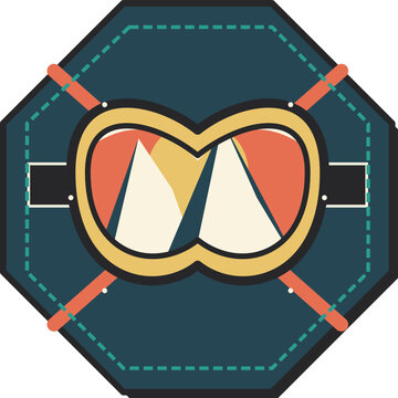 Retro octagonal winter sports badge featuring ski goggles reflecting snowy mountain peaks and crossed skis.