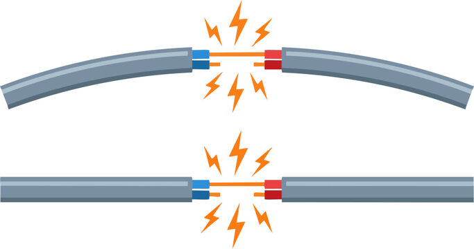 Damaged electrical cable with sparks, broken power wire with exposed copper core, short circuit hazard illustration, flat vector icon set