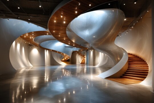 Modern white and wood spiral staircase in empty hall