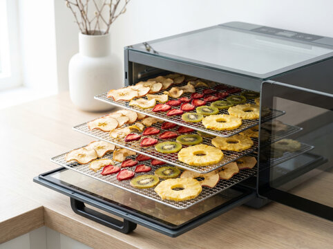 Modern electric food dehydrator machine filled with drying sliced fruits
