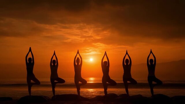 Group yoga session at dawn on the beach. people doing yoga in silhouette on sandy beach at sunset calm sea and hilly horizon in background.