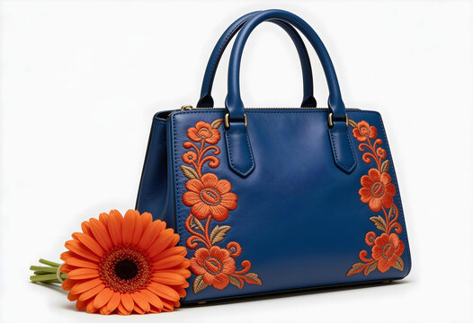 Blue leather handbag with intricate orange floral embroidery and matching gerbera flower bouquet