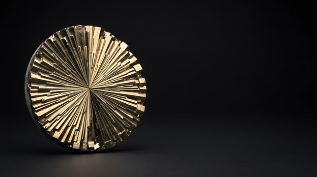 Natural pyrite sun disc with radiating metallic gold crystal blade pattern from center in starburst geometry on dark background, sacred geometry mineral sun formation golden ratio science wellness 