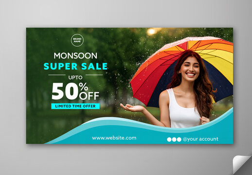 Editable Monsoon Super Sale TV Ads Banner Design with 50 Percent Discount and Happy Woman Holding an Umbrella in the Rain Photo.
