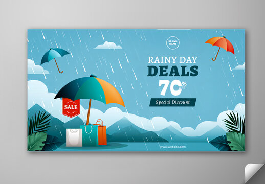 Editable Monsoon Sale TV Ads Banner Design with 70 Percent Discount, Shopping Bags and Umbrellas for Rainy Day Promotion.